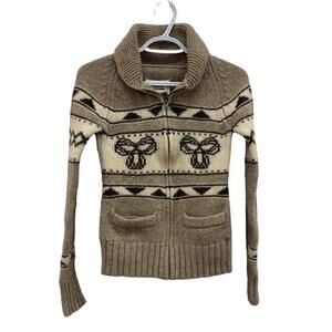 TNA Aritzia Brown 100% Lambswool Zip Up Long Sleeves Sweater Cardigan Small READ